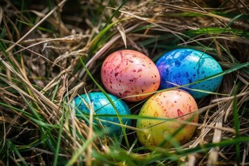 Fototapeta na wymiar colorful Easter eggs in green grass. Generative AI
