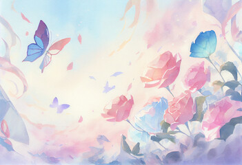 Fototapeta na wymiar Painted spring background with flowers and butterflies. AI Generated