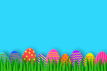 Fototapeta na wymiar Easter background with painted eggs in the spring grass. Paper cut style decoration. Vector illustration