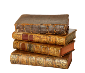 Pile of antique books with a leather cover and golden ornaments on white
