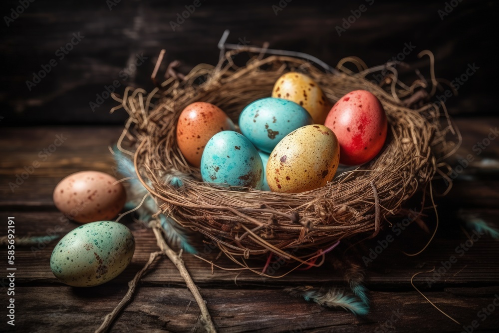 Sticker bird's nest with eggs resting on a rustic wooden table. Generative AI