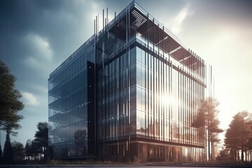 modern glass building on a busy street. Generative AI