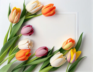 Beautiful delicate flowers of tulips, in the form of a frame for a postcard with free space for any inscription or text, on a light background. Generative AI