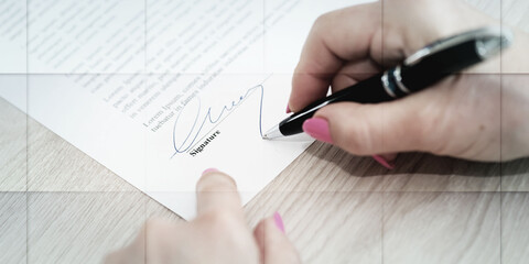 Woman signing a contract, geometric pattern