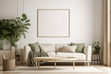 Serene Living Room Interior with Blank Poster Frame Mockup and Scandinavian-Inspired Decor