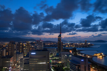 Obraz premium 福岡県福岡市のシーサイドももち海浜公園の夜景と福岡タワー