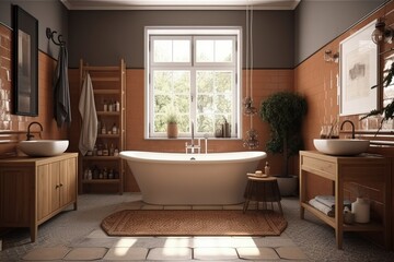 modern bathroom with a relaxing bathtub, sleek sink, and natural light streaming in from a window. Generative AI