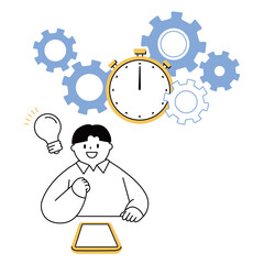 A boy who thinks about improving work efficiency using a tablet computer. Gears and stopwatch background.