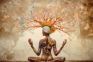 Illustrations of artistic woman with floral ornament mixed, generative ai.