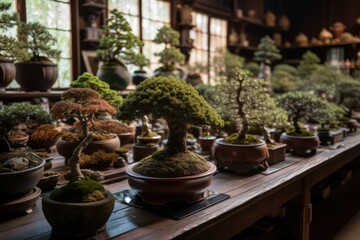 Fototapeta na wymiar table filled with multiple bonsai trees of various species and sizes. Generative AI
