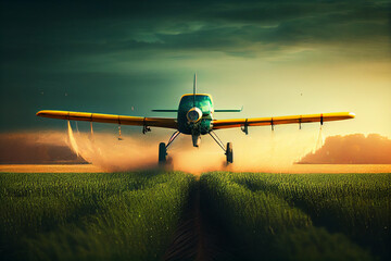 Agriculture plane duster fly over crop fields, spraying with herbicydes. Generative AI - obrazy, fototapety, plakaty