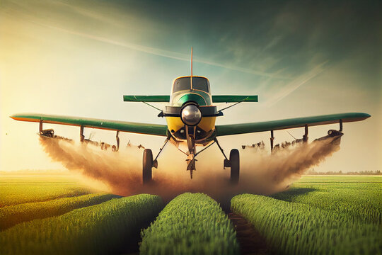 Agriculture plane duster fly over crop fields, spraying with herbicydes. Generative AI
