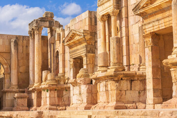 Jerash, Jordan close-up details of Roman amphitheater South Theatre in ancient city Gerasa...