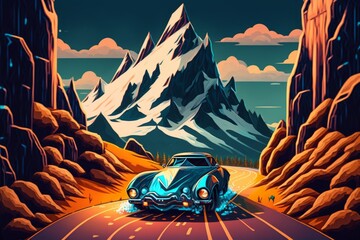 Disney-inspired illustrated surrealism meets sporty winter driving through snow-capped mountain pass in stunning vector landscape desig, Generative AI