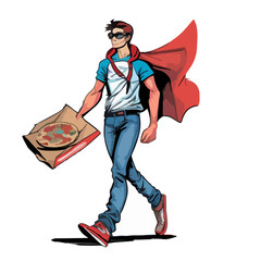 Super hero delivering pizza. The guy in the red coat carries pizza to the customer.
