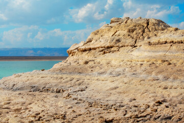 Fototapeta na wymiar Jordan, Dead Sea coastline, salt crystals rocks, high angle view