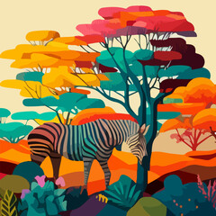 Zebra on the background of a multi-colored forest. The animal grazes on the background of the colorful savannah