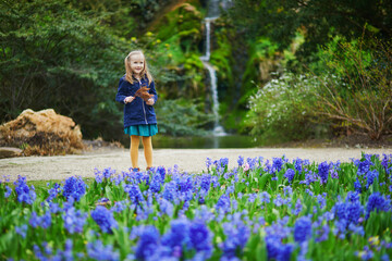 Adorable preschooler girl enjoying nice spring day in park during hyacinth blooming season