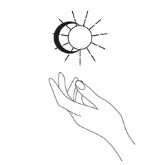 Hand with moon and sun. Abstract symbol for cosmetics and packaging, jewelry, logo, tattoo. Esoteric. linear style.