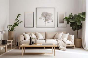 Blank Horizontal Poster Frame Mockup in Contemporary Living Room Interior