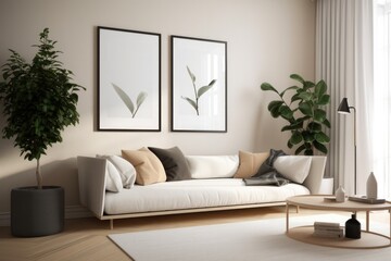 Blank Horizontal Poster Frame Mockup in Contemporary Living Room Interior