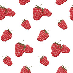 Seamless pattern with ripe red raspberries on white. Pattern, wrapping paper.