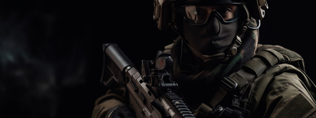 Fototapeta na wymiar soldier, swat, military, army, gun, police, war, special, armed, weapon, mask, camouflage, rifle, uniform, combat, forces, guard, protection, warrior, force, black, sniper, generative , ai