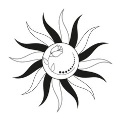 Esoteric alchemy mystical magic poster. Sun, flower, floral elements. Spiritual talisman, tattoo. Boho illustration