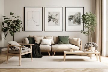 Blank Horizontal Poster Frame Mockup in Contemporary Living Room Interior