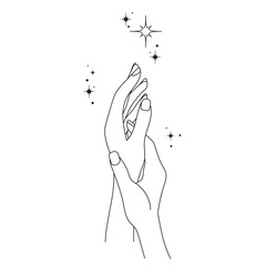 Two women hands, arms crossed, touching each other with stars. Spa, cream, delicate skin. Esoterics