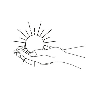 Two hands with sun. Abstract symbol for cosmetics and packaging, jewelry, logo, tattoo. linear style. Esoteric
