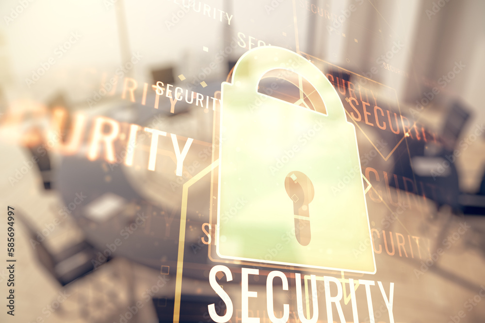 Poster double exposure of virtual creative lock hologram with chip on a modern meeting room background. inf