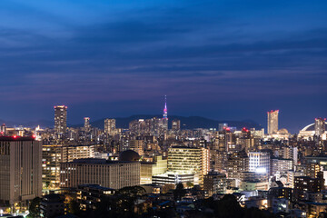 福岡タワーと福岡ドームの見える南公園西展望台から望む福岡の夜景