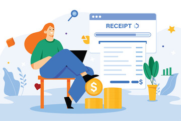 Color concept electronic receipt with people scene in the flat cartoon design. Woman pays online receipt sitting at home. Vector illustration.