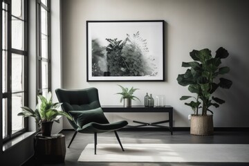 Fototapeta premium Minimalist living room with black frame mockup and lush green plants