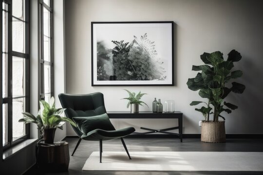 Minimalist living room with black frame mockup and lush green plants