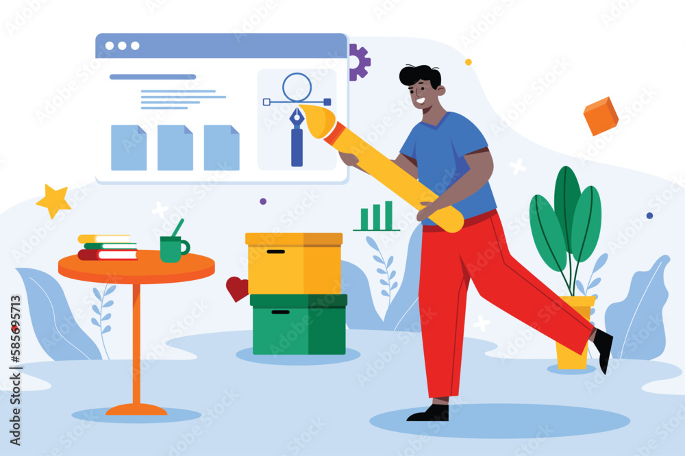 Aufkleber Color concept graphic design with people scene in the flat cartoon style. Creative designer work on creating graphic sketches for new project. Vector illustration.