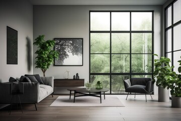 Fototapeta na wymiar Minimalist living room with black frame mockup and lush green plants