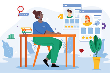 HR manager color concept with people scene in the flat cartoon style. HR manager reviews the questionnaires of candidates for the position of an employee of the company. Vector illustration.