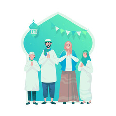 Muslim family Eid greetings flat design