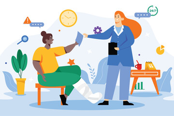 Medical color concept with people scene in the flat cartoon design. Doctor explains to the patient who broke his leg how to properly treat it. Vector illustration.