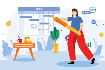 Planning color concept with people scene in the flat cartoon design. Woman creates a list of things that need to be done. Vector illustration.