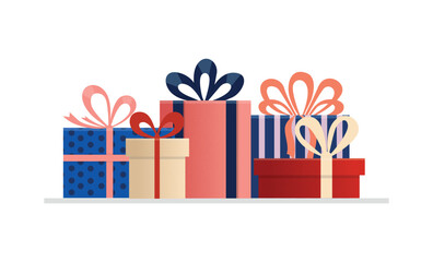 Set of multi-colored gifts in a flat style. Gift boxes. Suitable for designs on the theme of New Year, birthday or Valentine's Day. Vector illustration