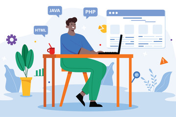 Programing software color concept with people scene in the flat cartoon style. Programmer work with software for computers using HTML, JAVA and PHP. Vector illustration.