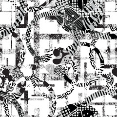 Seamless pattern decorated with precious stones, gold chains and pearls.	