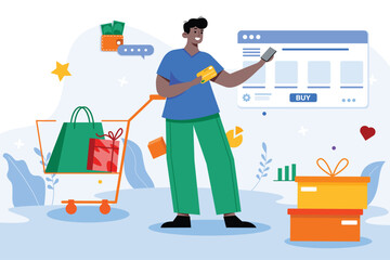 Shopping color concept with people scene in the flat cartoon design. Man buys a lot of products on the online store. Vector illustration.
