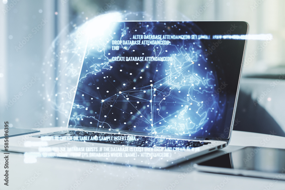 Aufkleber double exposure of abstract creative programming illustration with world map on computer background,