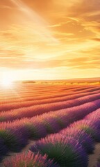 Breathtaking South of France landscape featuring lavender fields and a golden hour sky. AI GENERATED.