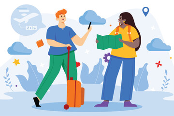 Traveling color concept with people scene in the flat cartoon style. Young couple choose a new country where they want to travel. Vector illustration.