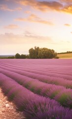 Breathtaking South of France landscape featuring lavender fields and a golden hour sky. AI GENERATED.